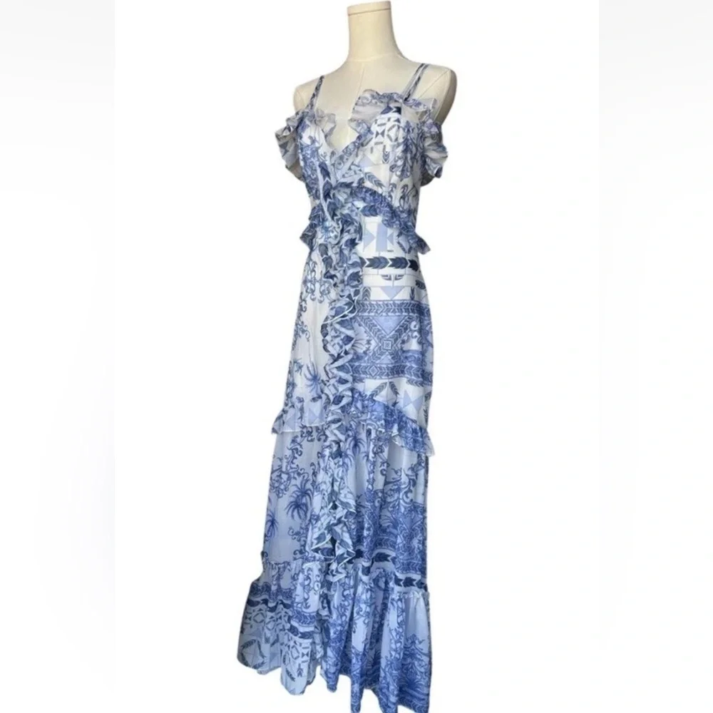 PatBO Amalfi Convertible White/Blue Printed Ruffle Chiffon Maxi Dress Size XS